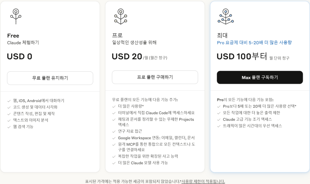 클로드 ai 가격 플랜