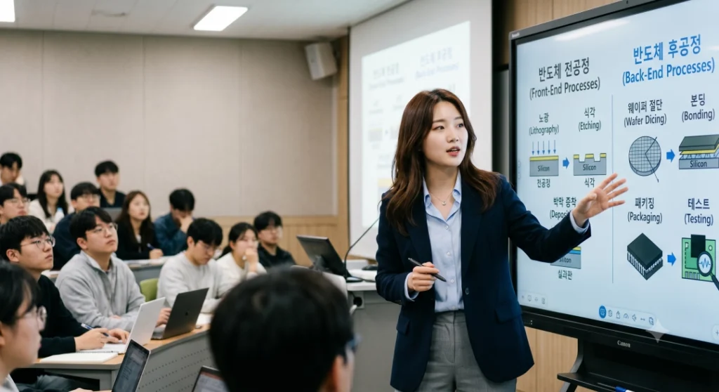 AI소부장 기업을 반도체 전공정, 후공정으로 설명하는 모습