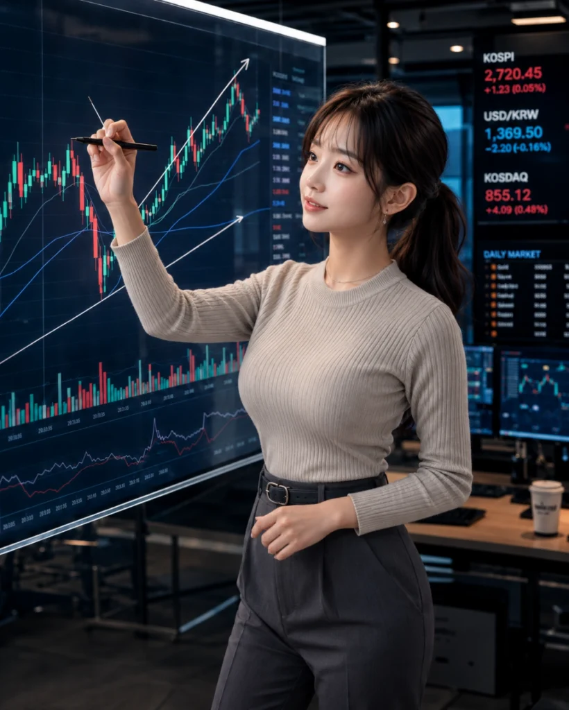 차트에서 추세선을 그리고 있는 애널리스트 (2)