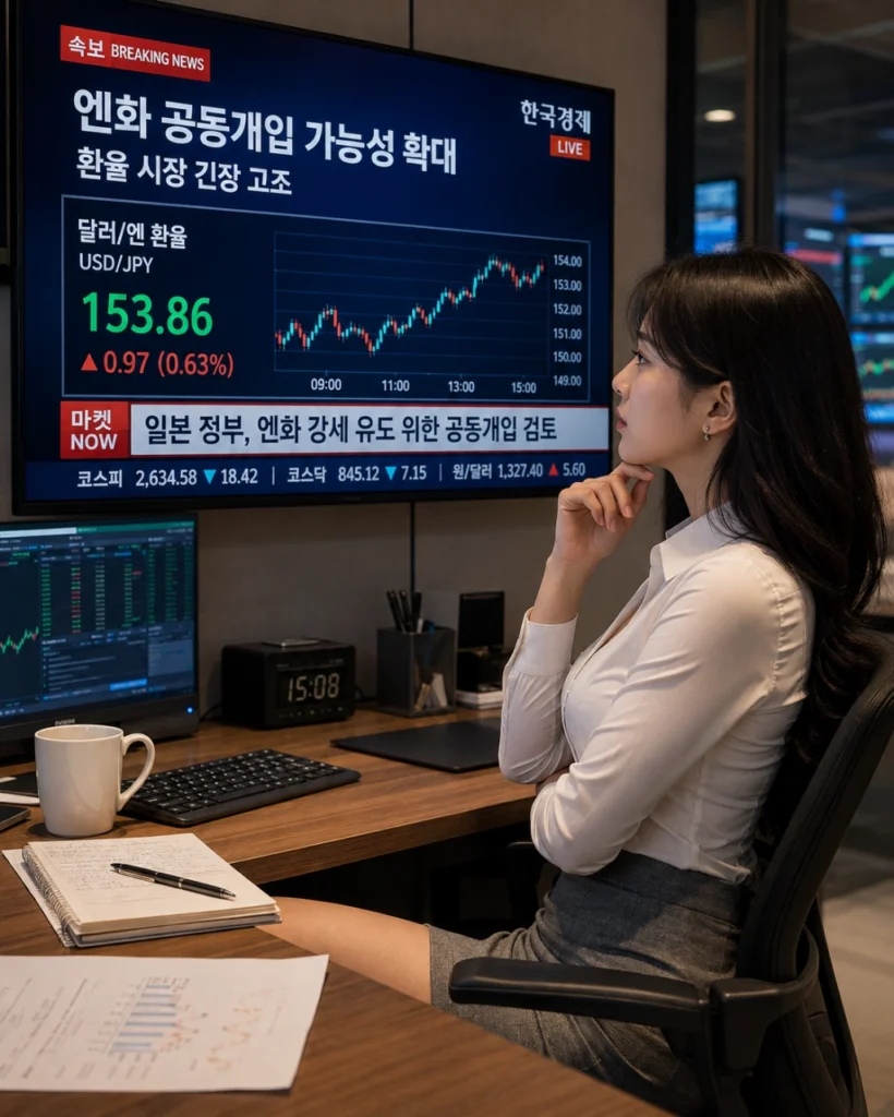 일본, 미국의 엔화 공동개입 뉴스를 보는 애널리스트